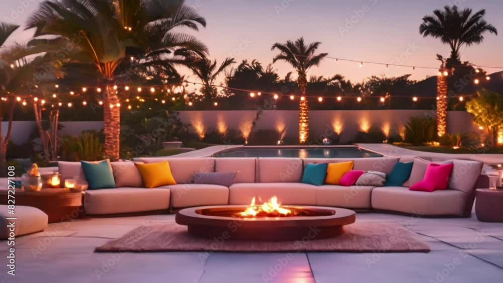 Summer pool area. Poolside lounge area with sofa with colorful pillows. Beautiful eastern spa or wellness concept, recreational vacation hotel resort tranquil area