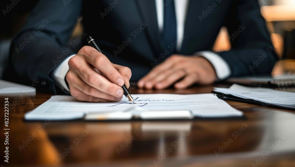 A person in business attire is sitting at an office desk, writing on paper with a pen and ink A person in business attire is sitting at an office desk, writing on paper with a pen and ink