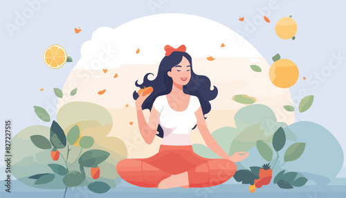Young woman meditating in lotus position on the nature background. Vector illustration