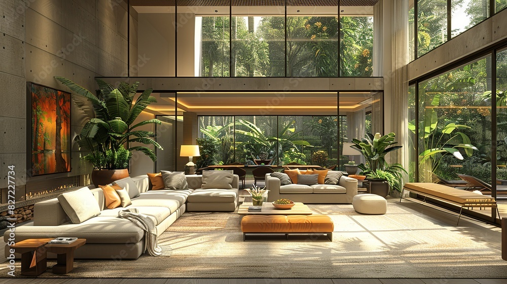 Fototapeta premium A spacious, contemporary living area with an open floor plan, stylish furniture, and large windows, illustrated in a detailed 3D style.
