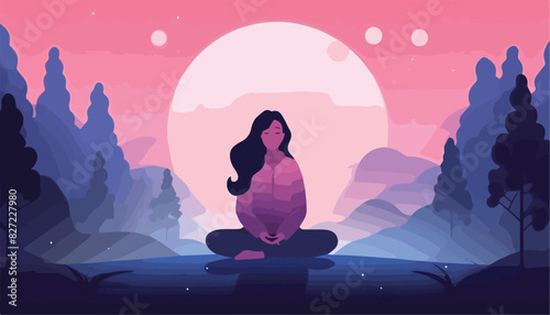 Woman meditating in lotus position in nature at sunset. Vector illustration in flat style