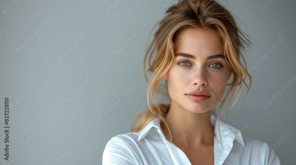 businesswoman standing with white shirt on grey background looking at camera ceo or manager businesswoman standing with white shirt on grey background looking at camera ceo or manager