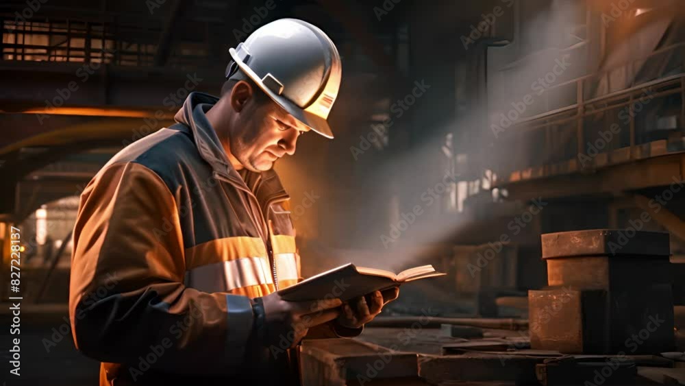 A tunnel engineer in a white hard hat uses a digital tablet diligently. Follow the construction process A tunnel engineer in a white hard hat uses a digital tablet diligently. Follow the construction process