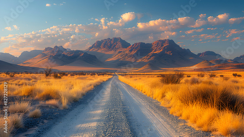sunset in the mountains, close up of a washboard gravel road in Namibia photo