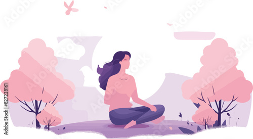 Pregnant woman meditating in the park. Vector illustration.