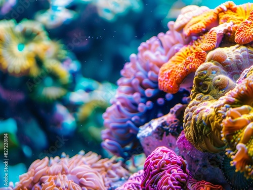 A variety of colorful corals in a thriving reef ecosystem, showcasing the beauty and diversity of marine life underwater.