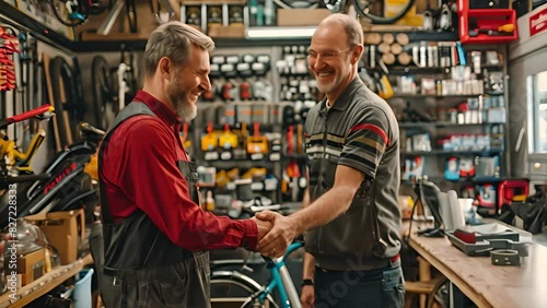 Wallpaper Mural Smiling mechanic shaking hands with customer at bicycle repair shop Torontodigital.ca