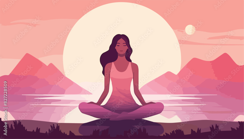 Woman meditating in lotus position. Vector illustration in flat style