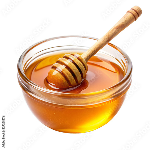 Honey in Glass Bowl with Wooden Dipper Isolated on White Transparent Background, PNG Element