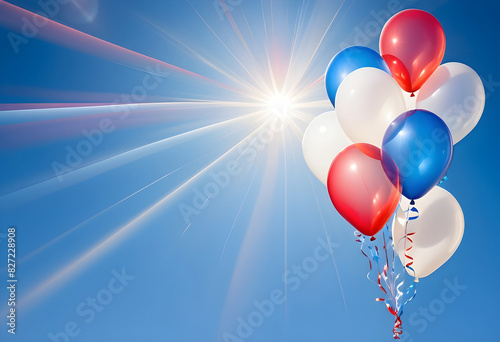 a bunch of red, white and blue balloons in the air
