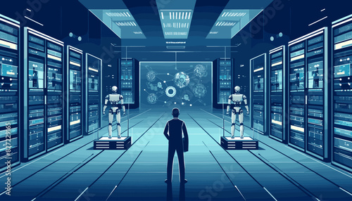 Conceptual image of a humanoid robot working in a data center. Vector illustration.