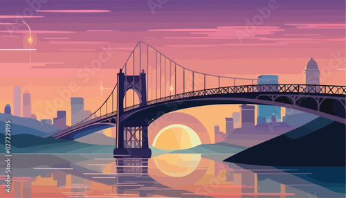 Brooklyn Bridge at sunset, New York City, USA. Vector illustration