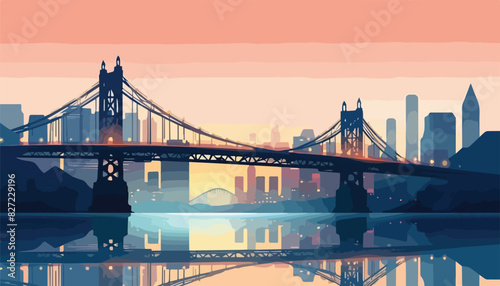 Manhattan Bridge in New York City at sunset. Vector illustration.