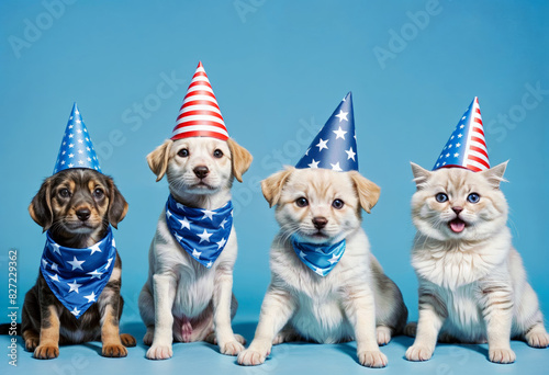 three dogs and a cat wearing patriotic party hats and scarfs on blue background © David Angkawijaya