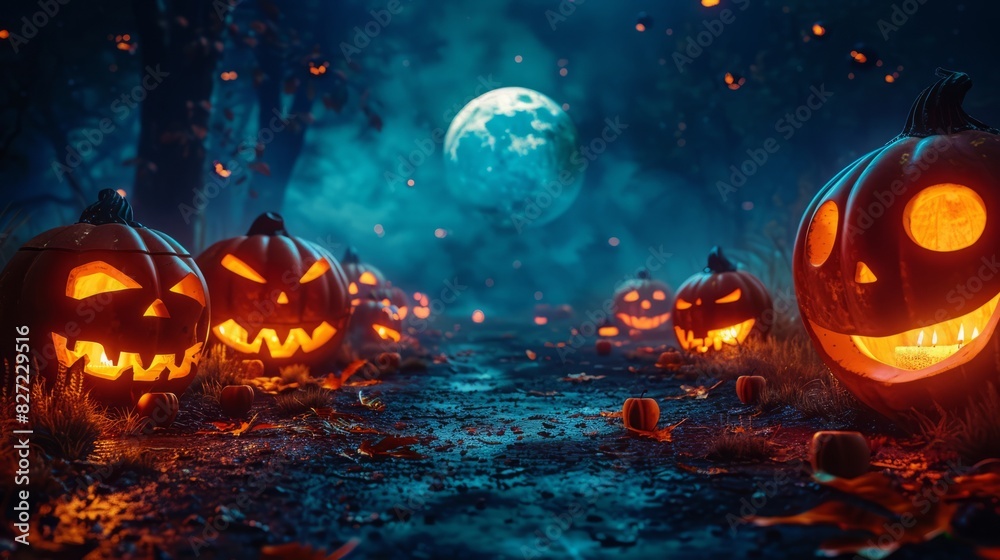 Spooky Halloween Scene with Glowing Jack-o'-Lanterns Under Full Moon Spooky Halloween Scene with Glowing Jack-o'-Lanterns Under Full Moon