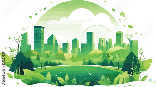 Green city landscape with skyscrapers and trees. Vector illustration.
