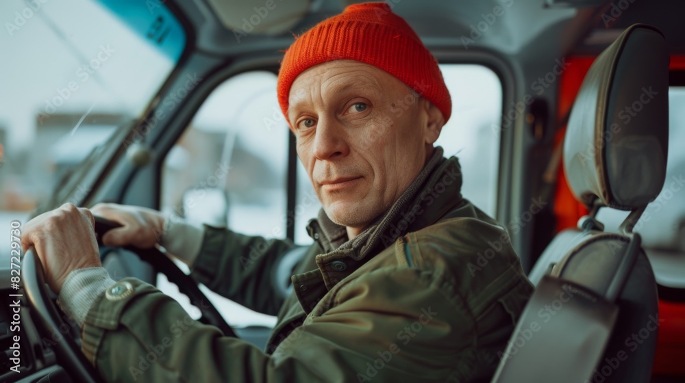 The driver in winter attire The driver in winter attire