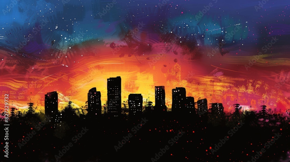 Stunning views of the city skyline in the distance. The silhouette contrasts with the colorful sunset. Stunning views of the city skyline in the distance. The silhouette contrasts with the colorful sunset.