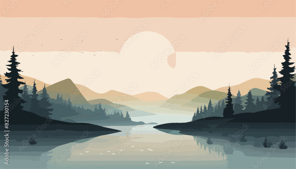 Landscape with river, forest, mountains and sunset. Vector illustration