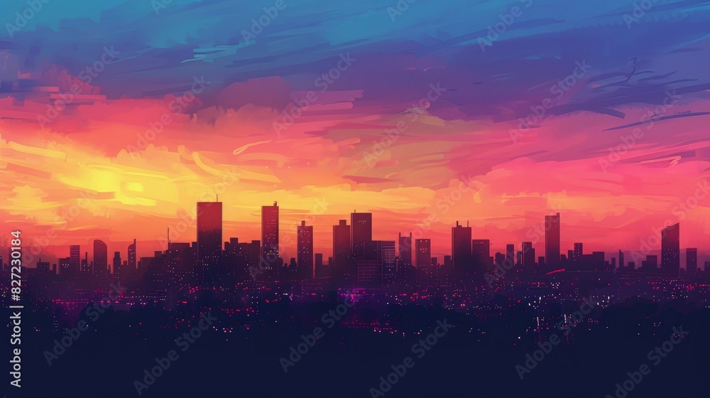 Stunning views of the city skyline in the distance. The silhouette contrasts with the colorful sunset. Stunning views of the city skyline in the distance. The silhouette contrasts with the colorful sunset.