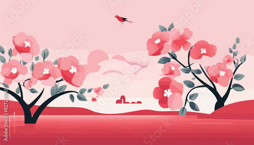 Beautiful landscape with cherry blossoms. Vector illustration in flat style.