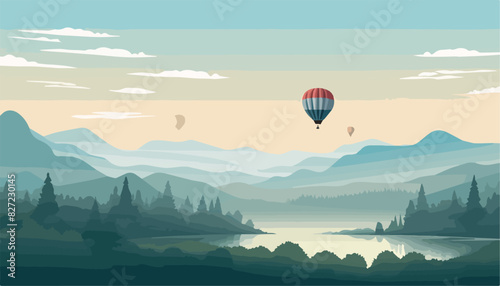 Landscape with mountains and hot air balloon in the sky. Vector illustration.