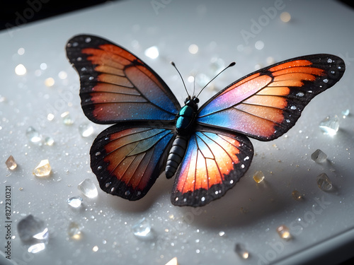 butterfly sitting on a white surface with glitter covering it, in the luminous and dreamlike, kinky style of scenes. craft, Pentax 645n, black background designs, photo