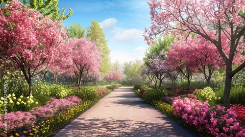 Spring Garden with Beautiful Blooming Trees Landscape