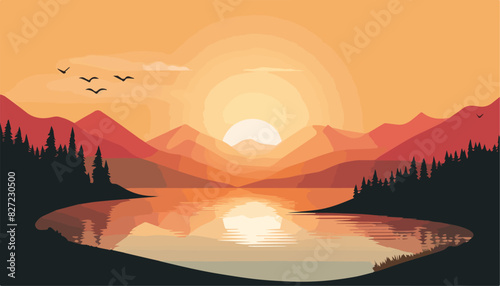 Lake and mountains at sunset. Vector illustration in flat design style.