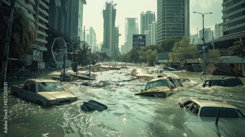 massive flooding submerging city streets and buildings after extreme weather event  devastating urban flood disaster  climate change awareness