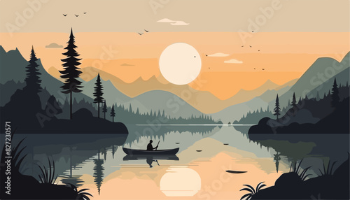 Fisherman in a boat on the lake at sunset. Vector illustration