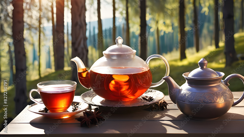 Turkish tea and teapot in front of the forest view, Generative AI Turkish tea and teapot in front of the forest view, Generative AI