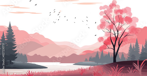 Autumn landscape with lake, forest, mountains and birds. Vector illustration