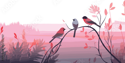 Vector illustration with two bullfinches on a branch in the forest.