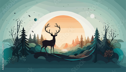 Deer in the forest at sunset. Vector illustration in flat style
