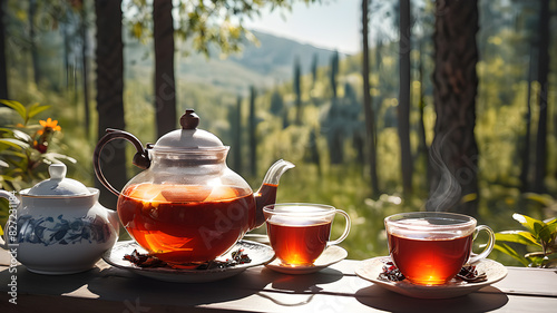 Turkish tea and teapot in front of the forest view, Generative AI © Tark