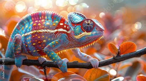 Vibrant Chameleon - A high-quality image of a chameleon with vivid, multicolored scales perched on a branch. The background is filled with warm, blurred bokeh lights © logonv