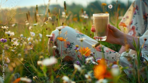 Fototapeta Naklejka Na Ścianę i Meble -  Relaxing in Wildflower Field with Coffee