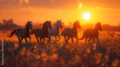 This captivating image features a group of horses galloping through a field bathed in golden sunlight. The vibrant colors of the setting sun enhance the natural beauty of the scene