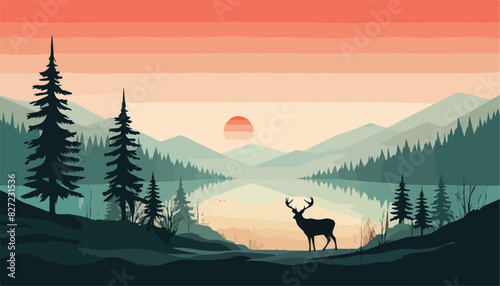 Silhouette of deer in the mountains. Vector illustration in flat style