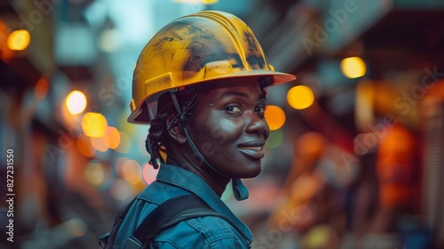 Positive Rear Perspective of a Cheerful Manual Laborer in Hardhat at Industrial Worksite