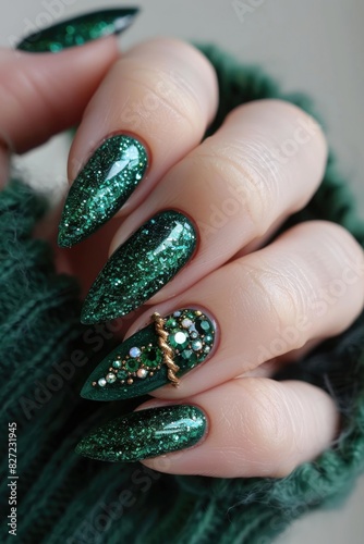 Close-up of emerald green nails adorned with glitter and gold accents.