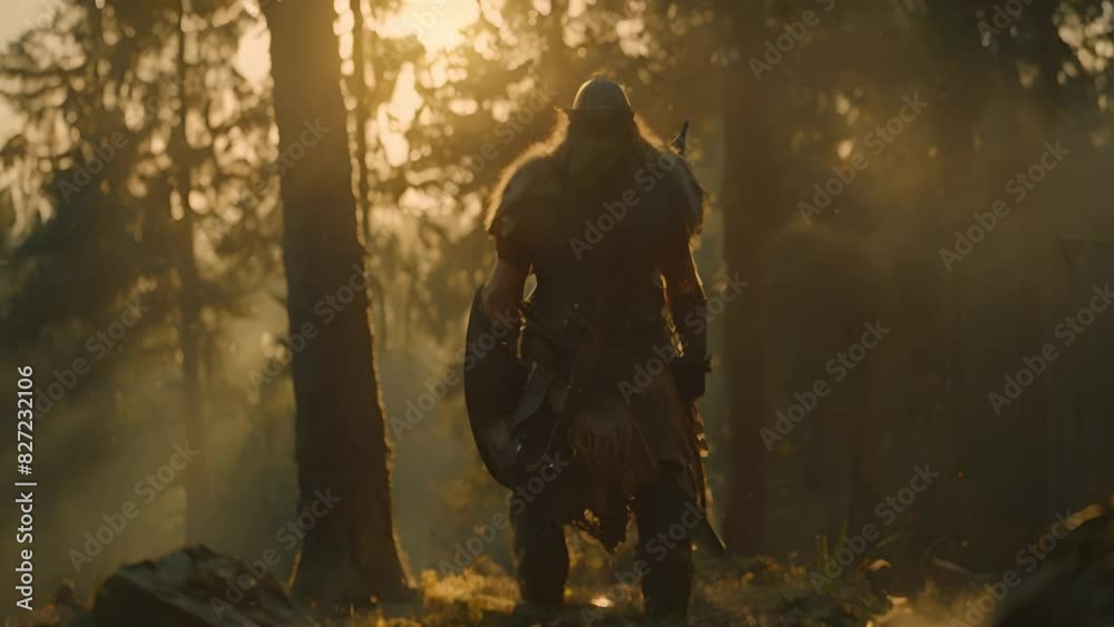 A warrior stands in a forest at sunset, clad in armor A warrior stands in a forest at sunset, clad in armor