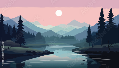 Mountain landscape with river and forest at sunset. Vector illustration.