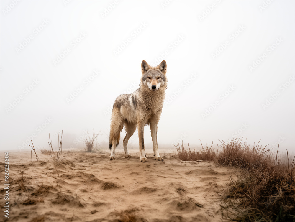 Fototapeta premium Wolf Standing In An Ancient, Foggy Battlefield