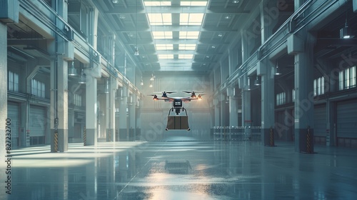 A drone equipped with a camera flying in a modern warehouse filled with boxes and packages