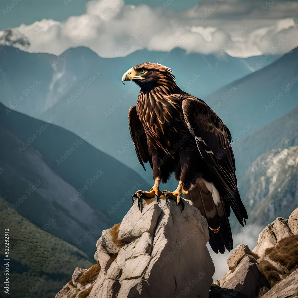 Fototapeta premium Describe the majestic scene of a brown eagle perched on the highest point of a rugged mountain peak.\