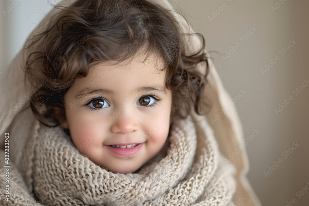 Adorable Toddler with Curly Hair Wearing a Cozy Knit Scarf Smiling Indoors in Warm, Beige Home Setting Adorable Toddler with Curly Hair Wearing a Cozy Knit Scarf Smiling Indoors in Warm, Beige Home Setting