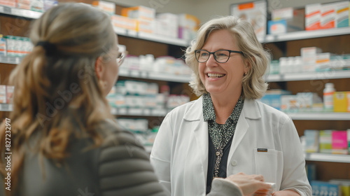 Woman consulting pharmacist in pharmacy office