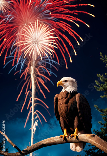 a bald eagle sitting on a branch watching fireworks in the background photo